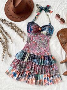 Soleia 度假女士复古秋季彩色印花吊带背心荷叶边分层迷你连衣裙，可内穿或外穿 - 彩色 - 查看 2