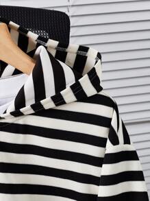 SHEIN Casual Black & White Striped Zip-Up Sweatshirt, Suitable For Teen Boys Autumn/Winter Outings And Kindergarten - Black and White - View 4