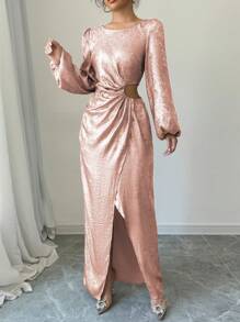 Elenzga Vestido largo casual y sencillo para mujeres con cuello redondo, manga larga, bajo dividido y calado