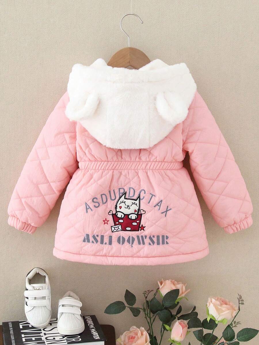 年轻女孩加厚连帽抽绳加厚外套，温暖绗缝风衣，带有可爱的刺绣招财猫，秋冬 - 粉色 - 查看 1