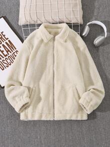 Manfinity RelaxMax 1 件男士休闲拉链羊毛夹克，秋季日常穿着 - 米色 - 查看 3