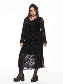 ROMWE Plus Size Vintage Romantic Flocked Patchwork Bell Sleeve Dress