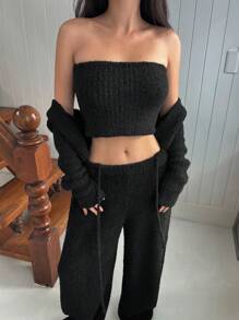 DAZY 3 件套女士蓬松柔软毛绒针织全身毛衣露肩秋季