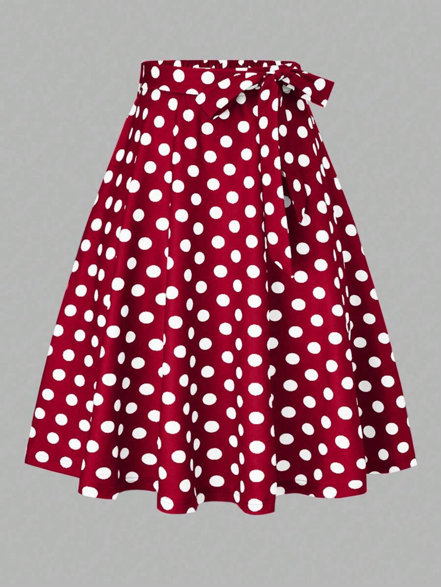 SHEIN Clasi Chân váy chữ A họa tiết chấm bi thanh lịch dành cho nữ (In ngẫu nhiên), màu đỏ tía mùa thu/giáng sinh dành cho nữ - Màu Đỏ Sâu - Xem 1