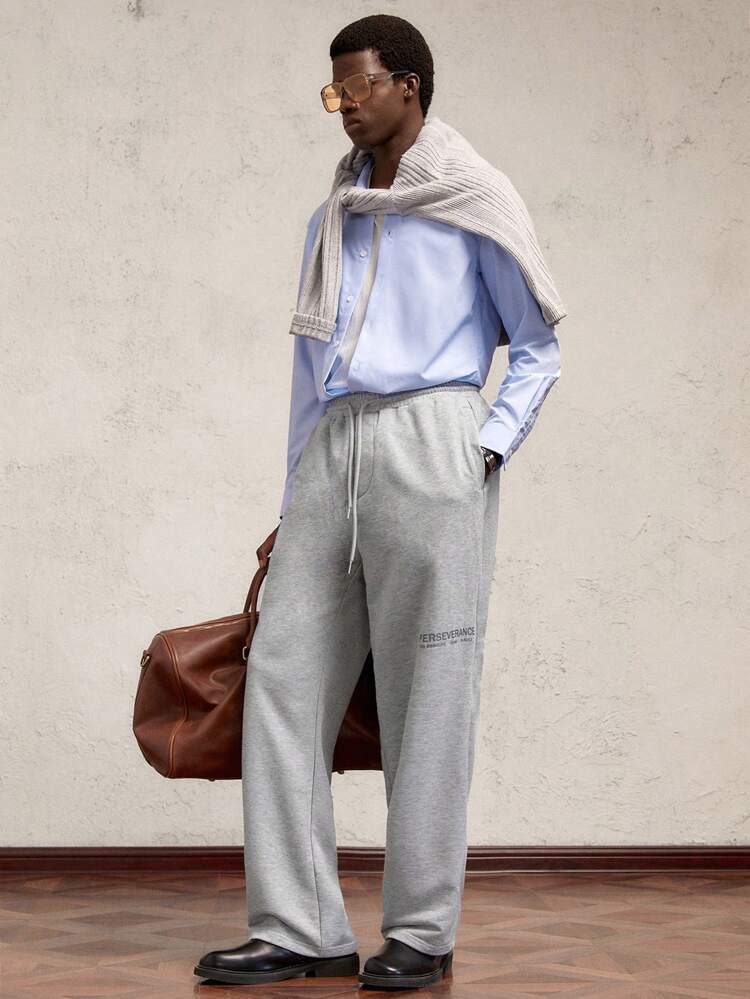 Men's Elastic Waist Graphic Letter Printed Relaxed Fit Long Sweatpants, Casual Gray Trousers Suitable For Autumn/Winter Daily Wear