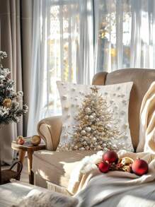 1 pieza Funda de almohada con estampado digital de árbol de Navidad contemporáneo, solo lavar a mano, cierre con cremallera, poliéster tejido, decoración versátil del hogar, para vacaciones