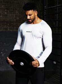 Manfinity Sport Corelite Plus Size Men's Letter Print Round Neck Raglan Long Sleeve Sports T-Shirt - White - View 4