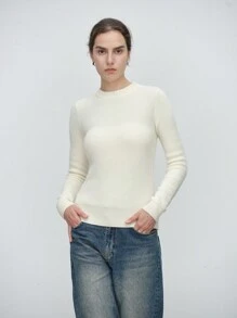 SHEIN LUNE Women's Solid Color Round Neck Long Sleeve Fitted Sweater, Autumn/Winter Knit Pullover Fall - Apricot - View 5