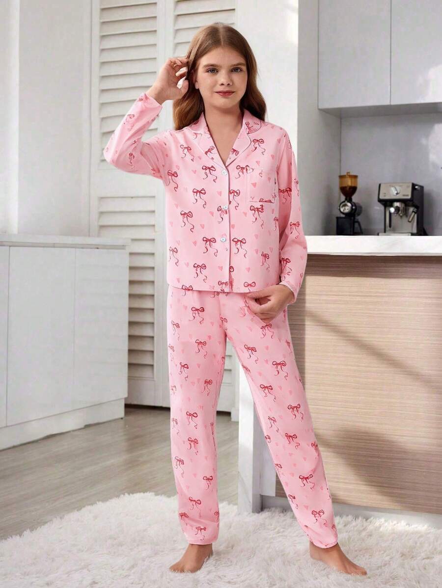 Valentine's Day Tween Girl Light Pink Bow Pattern Cardigan And Long Pants Casual 2 Pieces Pajama Set, Mommy And Me Matching Outfits (Sold Separately In Sets Of 3)
