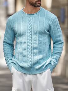 Manfinity Homme Men's Casual Loose Fit Solid Plain Cable Knit Crew Neck Long Sleeve Sweater, Autumn/Winter