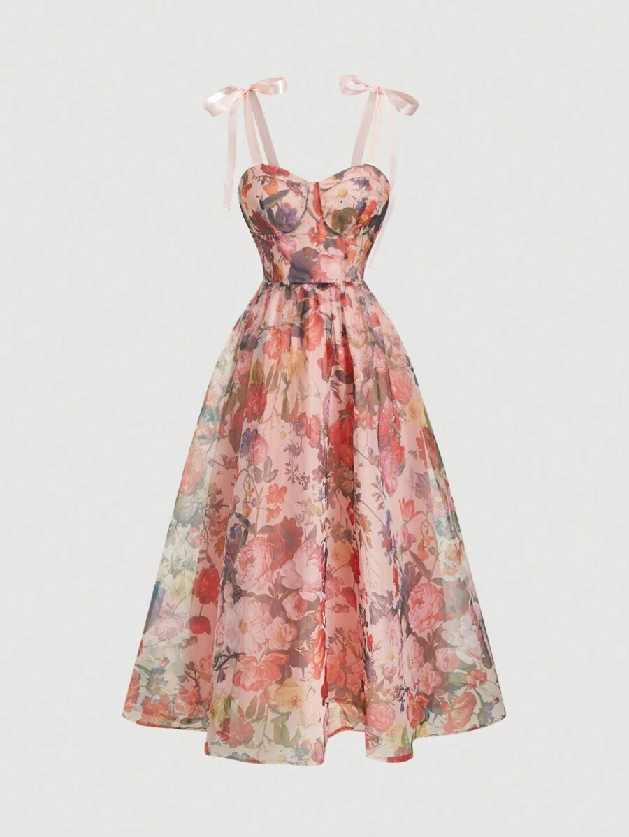 SHEIN MOD Women's Black Floral Print Bowknot Vintage Long Dress,Black Homecoming Dress,Halloween Women Dress,Elegant Women Dresses,Homecoming Dresses,Halloween Dress - Apricot - View 1