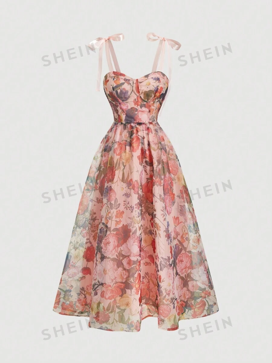 SHEIN MOD Damen Schwarzes Blumenprint Schleifenkleid im Vintage-Stil, Schwarzes Abschlussballkleid, Halloween Damenkleid, elegante Damenkleider, Abschlussballkleider, Halloween-Kleid - Aprikosenfarben - Übersicht 1