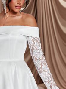 SHEIN Belle Elegancka luksusowa sukienka z odkrytymi ramionami, przezroczysta siateczka, długi rękaw, koronka i satyna, rozkloszowana, odpowiednia na wesele, wieczór panieński, święta, bal, bankiet, prezent dla panny młodej, sukienkę na wieczór panieński