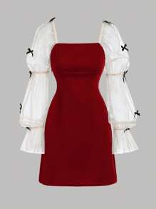 SHEIN Girlism Teen Girls' Colorblock Knit Bow Decor Long Sleeve Casual Dress - Red - View 4