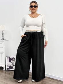 SHEIN CURVE+ 大码女式字母针织腰带休闲运动裤 - 黑色 - 查看 4