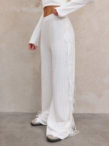 SHEIN SXY Women's Casual Solid Color Textured Bow Loose Wide Leg Pants,Going Out Bottoms, - White - View 6