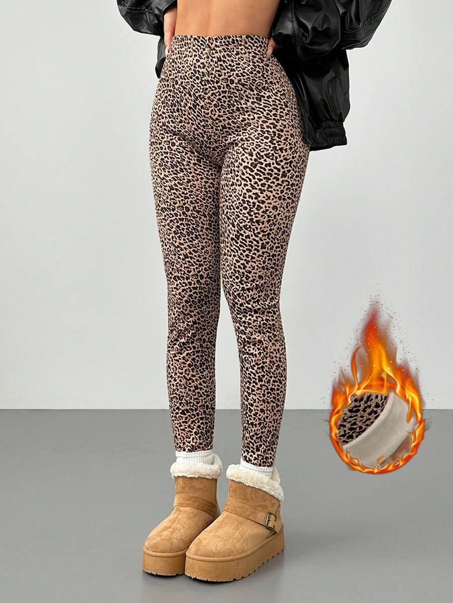 SHEIN PETITE Women's High Waist High Stretch Skinny Leopard Print Fleece Leggings - Brown - View 1