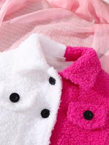 2pcs Baby Girl White + Rose Red Short Fuzzy Top + Digital Print Denim Pants Casual Outfit Set - Multicolor - View 3