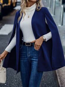 SHEIN BASICS 女士纯色开叉袖前开式休闲西装外套 - 藏蓝色 - 查看 4