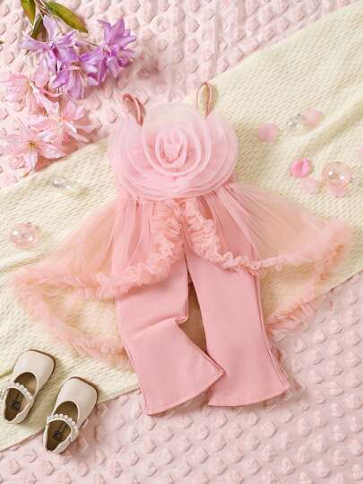 SHEIN 女婴 3D 花卉荷叶边优雅时尚休闲连体裤，玫瑰红色，秋冬