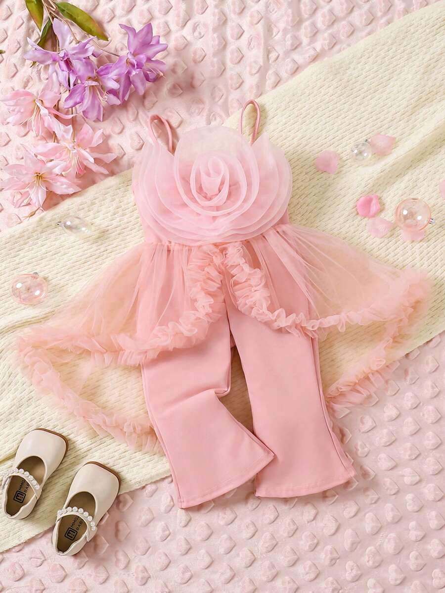 SHEIN 女婴 3D 花卉荷叶边优雅时尚休闲连体裤，玫瑰红色，秋冬