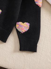 年轻女孩开衫毛衣，黑色柔软温暖彩色心形图案针织外套，适合秋冬季