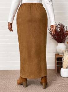 SHEIN VCAY Váy nơ buộc nơ bằng da lộn kaki cỡ lớn, váy phong cách boho phương Tây giản dị cho mùa thu/đông - Màu Khaki - Xem 3