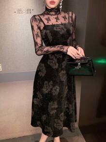 DAZY 女士丝绒印花中长连衣裙，秋冬季，新年舞会礼服，优雅女士连衣裙 - 黑色 - 查看 8