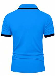 Manfinity Homme 男士休闲纽扣半襟短袖 Polo 衫，配色块饰边，夏季 - 水鴨藍 - 查看 2