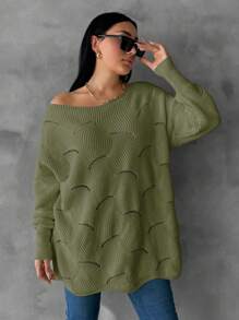 EURMUSE Plus Size Women Casual Solid Color V-Neck Drop Shoulder Loose Pointelle Knit Pullover Sweater - Green - View 3
