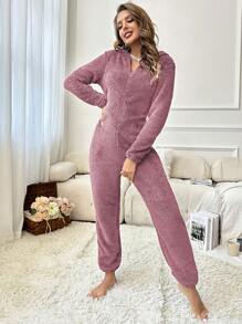 女士可爱纯色3D耳朵连帽拉链毛绒连体衣，秋冬季，舒适保暖