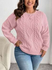 Calvaya Plus Size Solid Color Round Neck Cable Knit Casual Pullover Sweater, For Winter Knit Pullover Fall - Pink - View 3