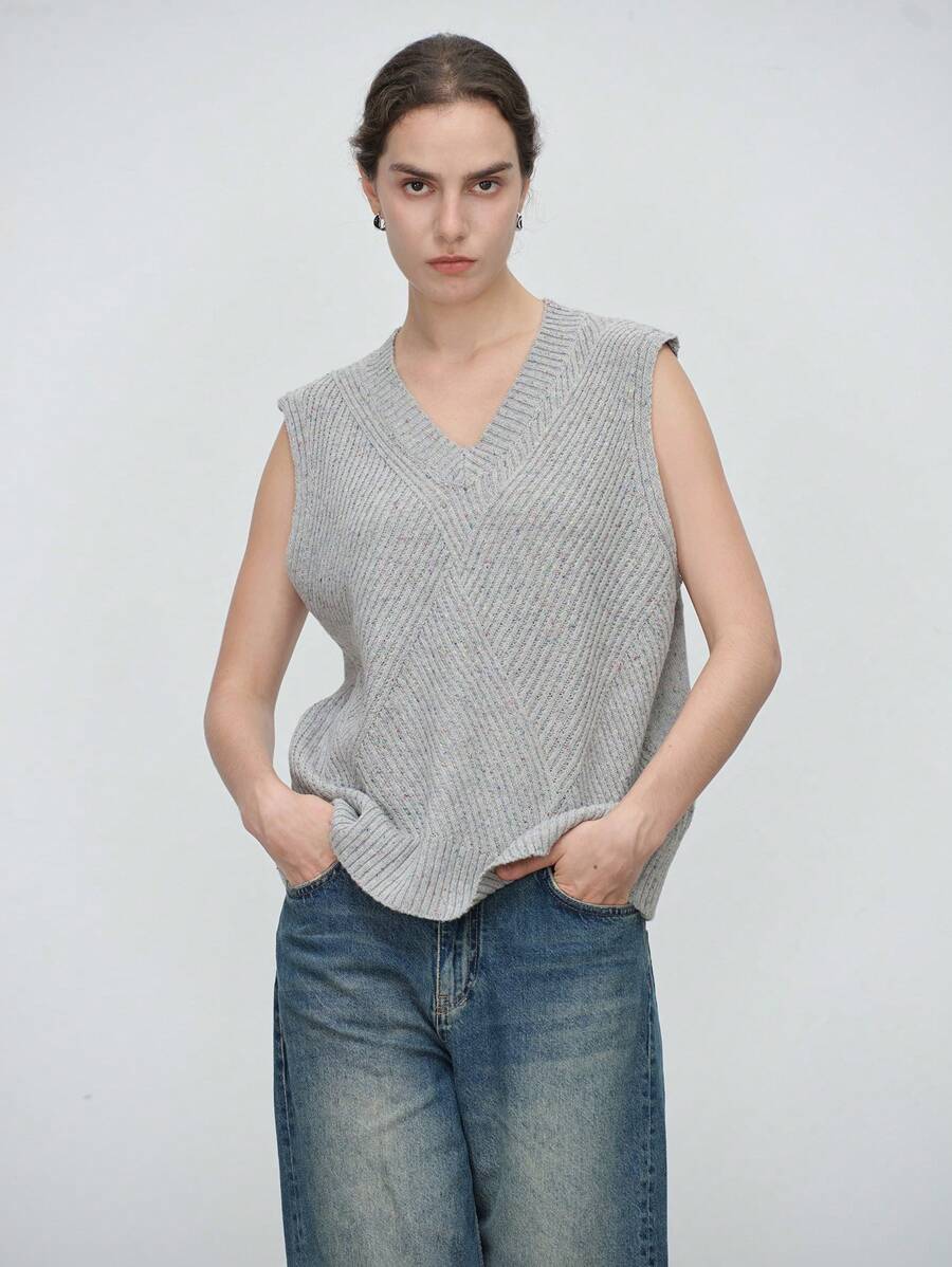 SHEIN LUNE Áo len chui đầu cổ chữ V rộng rãi cho nữ, thường ngày, mùa thu - Xám - Xem 1