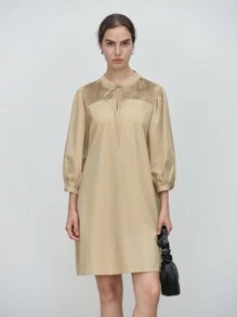 Aalyst 女士优雅时尚办公室装圆领系带肩褶皱宽松连衣裙，长袖 - 卡其色 - 查看 1