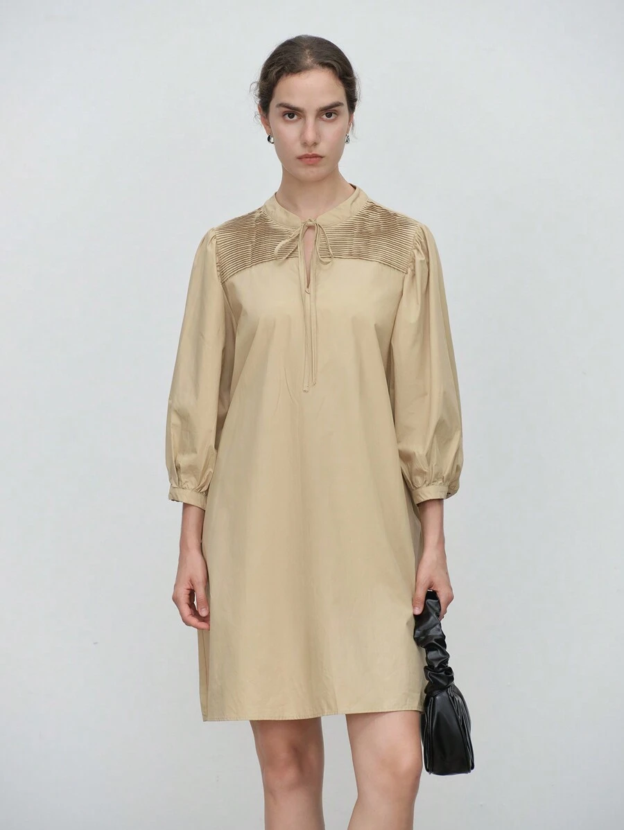 Aalyst 女士优雅时尚办公室装圆领系带肩褶皱宽松连衣裙，长袖 - 卡其色 - 查看 1