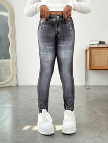SHEIN Leggings estampados con efecto de denim elástico para niñas preadolescentes