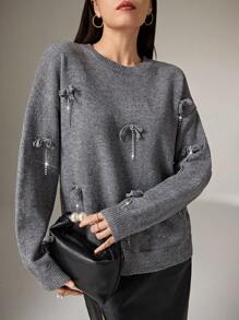 Heiryn Áo len chui đầu đính nơ và đá giả màu xám cho nữ vào mùa thu/đông - Xám - Xem 3