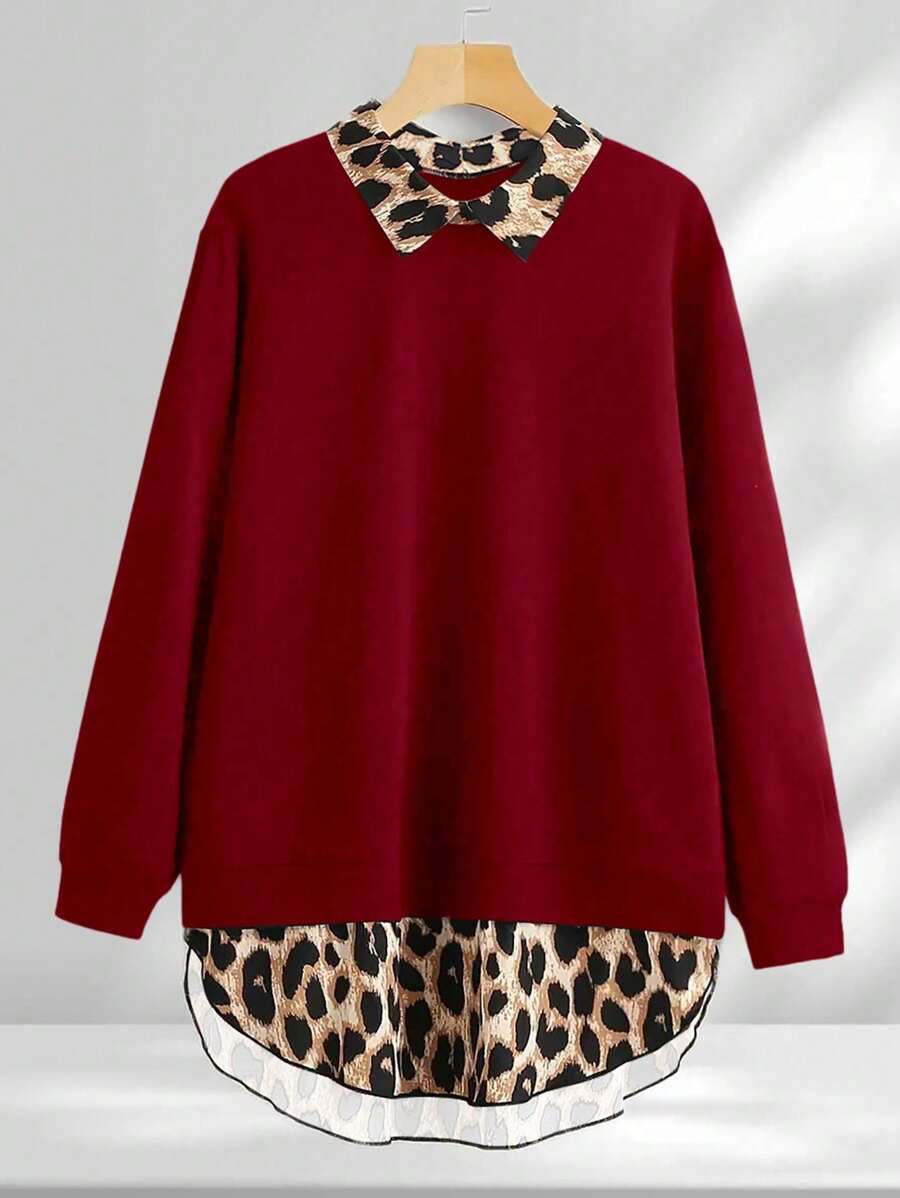 INAWLY Plus Size Women Autumn Contrast Leopard Print Loose Casual Pullover Sweatshirt Graduation,Back To School,Teacher Fall - Red - View 1