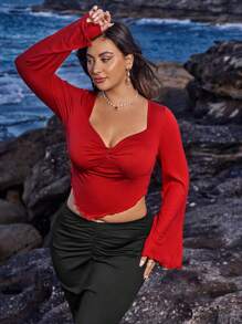 SHEIN VCAY Plus Size Women Solid Color Elegant Sweetheart Neck Long Sleeve T-Shirt - Burgundy - View 6