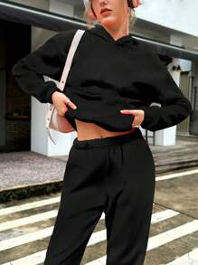 INAWLY 2 件套女式简约纯色连帽长袖套装 - 黑色 - 查看 1