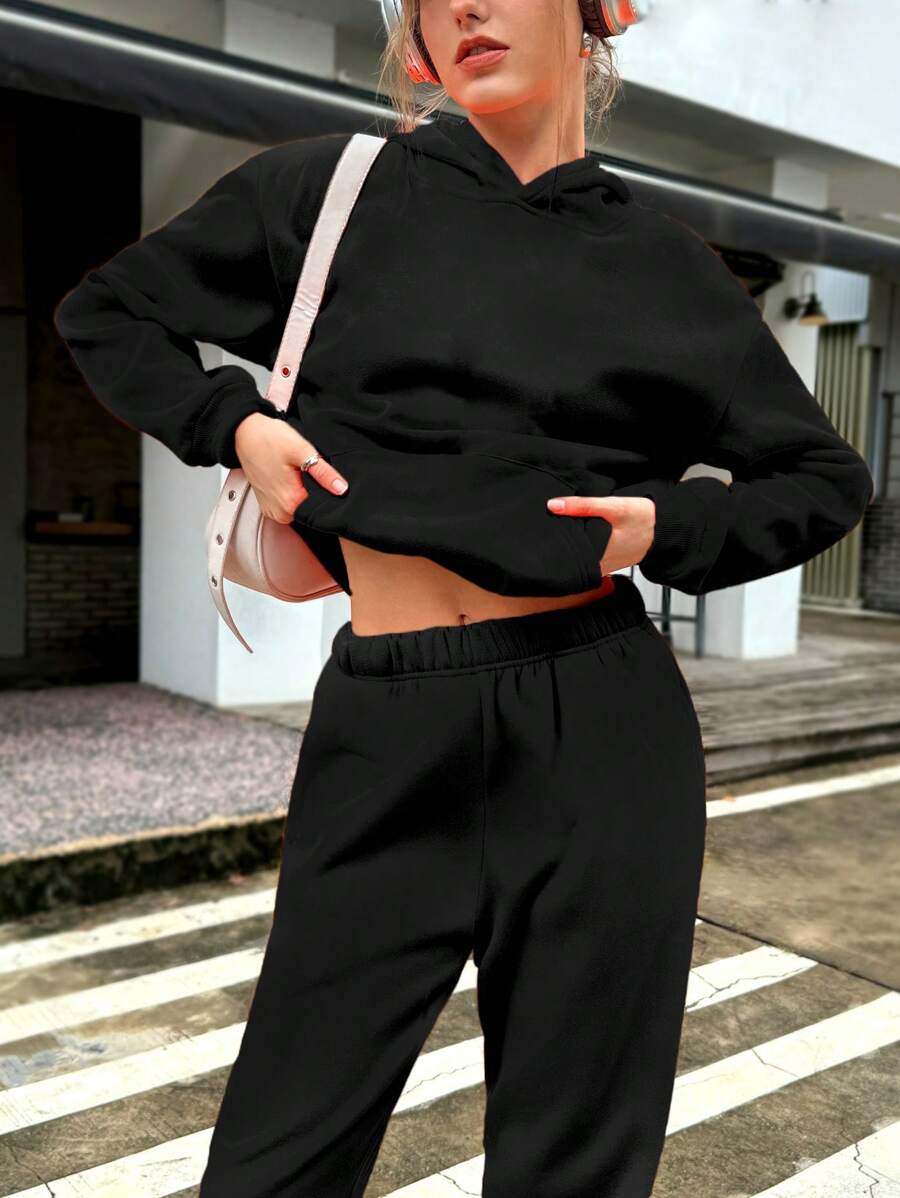 INAWLY 2 件套女式简约纯色连帽长袖套装 - 黑色 - 查看 1