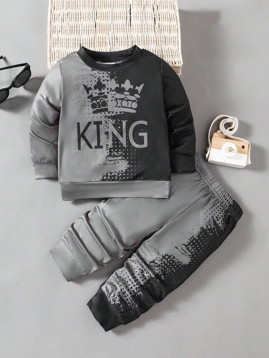 Ensemble 2 pièces décontracté d'automne pour bébé garçon, Sweat-shirt-shirt à manches longues avec motif couronne dégradé KING et pantalon de jogging. Streetwear sportif - Noir - Voir 1