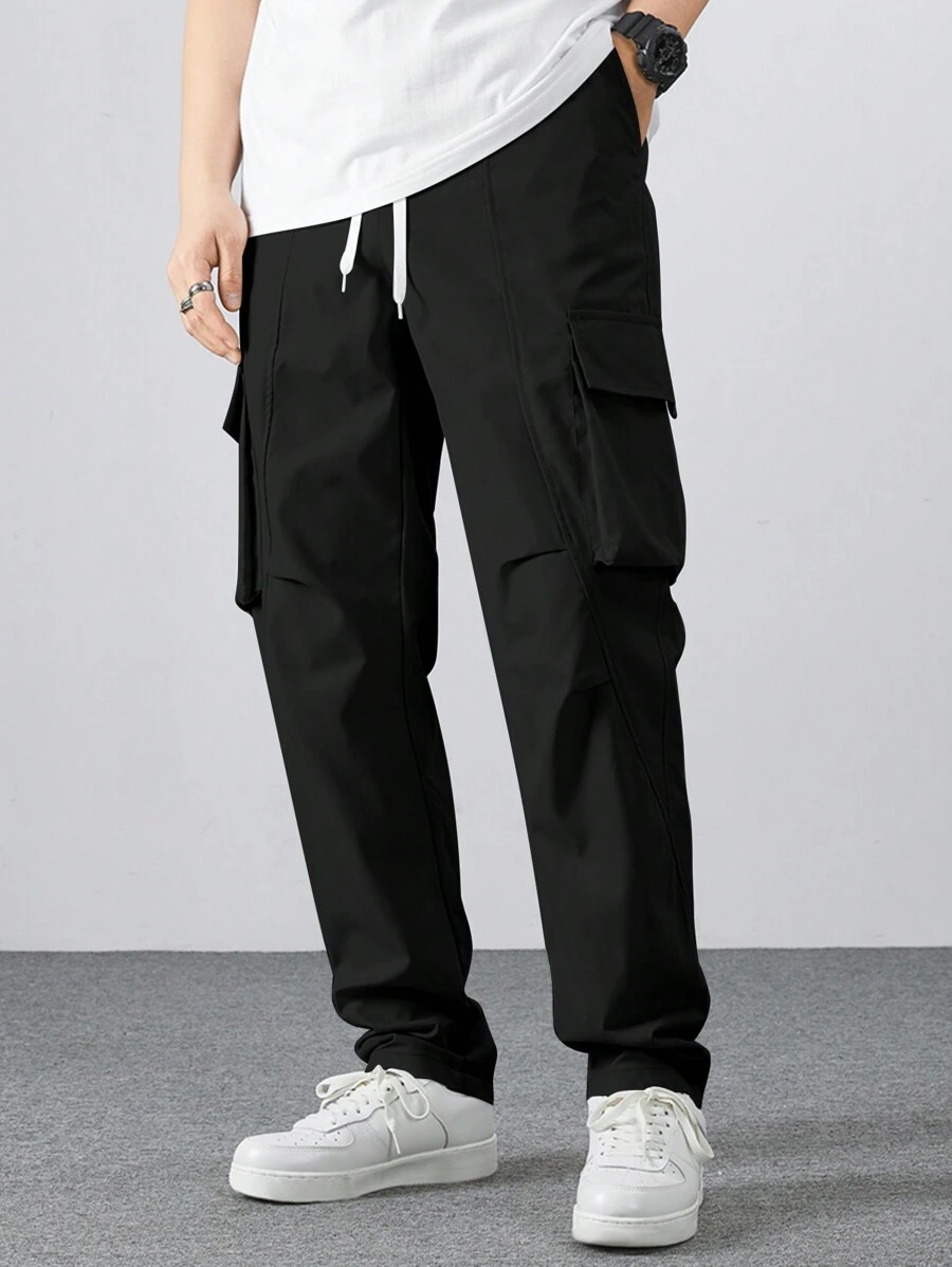 Manfinity Homme Men's Casual Solid Color Drawstring Cargo Pants, Suitable For Autumn, Fall - Black - View 1