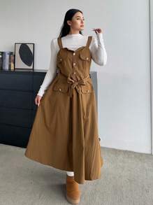 Flirla 大码女式休闲优雅长吊带连衣裙 - 摩卡棕 - 查看 5