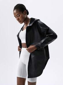 VARSITIE Solid Color Long Sleeve Zip-Up Loose Hooded Women Sports Jackets - Black - View 1