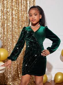 SHEIN Tween Girl Solid Color Patchwork Meteor Velvet V-Neck Long Sleeve Christmas Party Dress - Green - View 1
