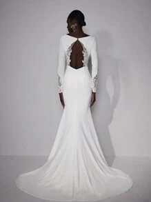 SHEIN Belle Elegant And Gorgeous Luxury Beige Stretch Knit Contrast Color Lace Embroidery Applique Long Sleeve Backless Fishtail Length Suitable For Wedding, Party, Festival, Prom, Bridal Wedding Dress, White Dress - Beige - View 2