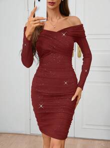 SHEIN Clasi 女士优雅性感露肩褶饰闪光针织派对连衣裙