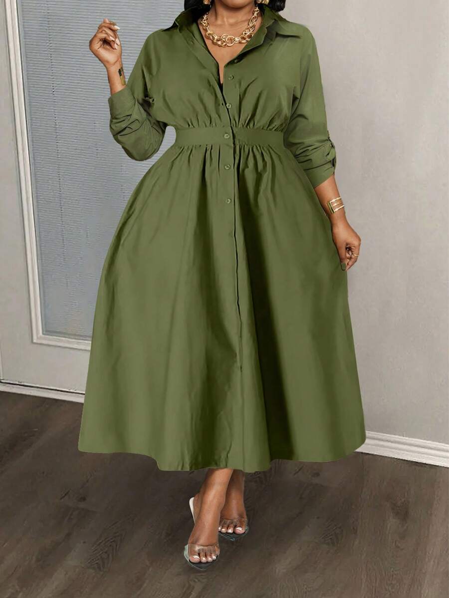 Slaydiva Plus Size Elegant & Commuting & Daily Wear Half-Opening Green Shirt Style Long Dress With Waist Belt, Spring & Autumn - Army Green - View 1