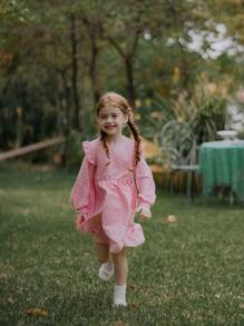 SHEIN Young Girl Pink Elegant Cap Sleeve Jacquard Pattern Dress,Flower Girl Fairy Style For Birthday Party,Autumn New Year Gift,Daily Outdoor Fashionable - Purple - View 6
